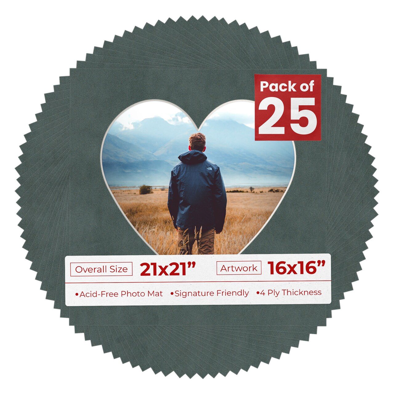 Dark Grey Suede Mat Board for 21x21 Frames - Heart Opening for 16x16 Photos